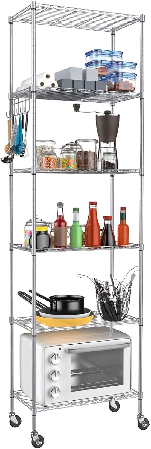 6-Tier Wire Shelving Unit with Wheels -sliver