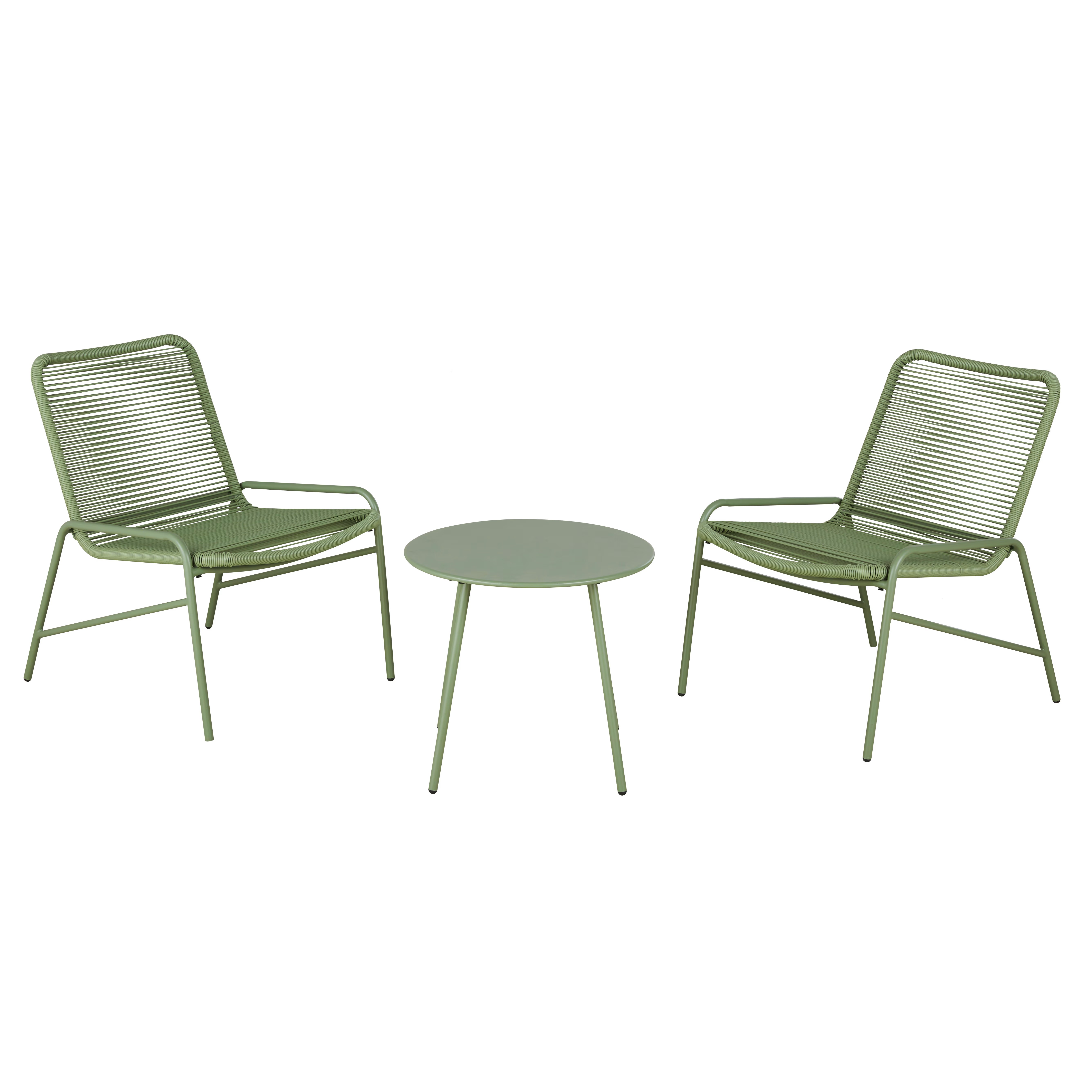 Set of 2 recycled resin garden armchairs and a green steel coffee table