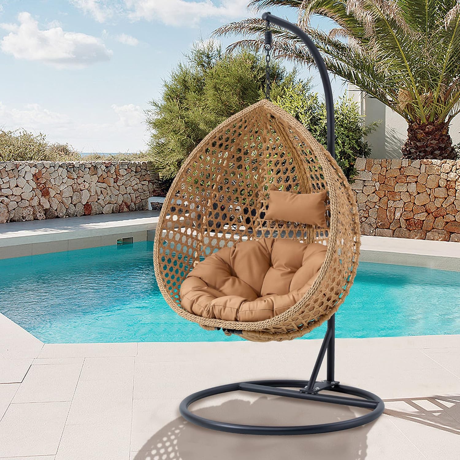 Hanging Egg Rattan Chair with Stand & Cushions